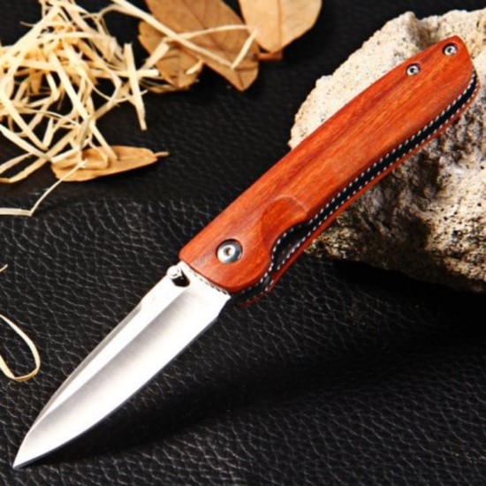 Enlan M028 EDC Folding Knife [Rose Wood Handle, Liner Lock, Drop Point, Fine Edge]