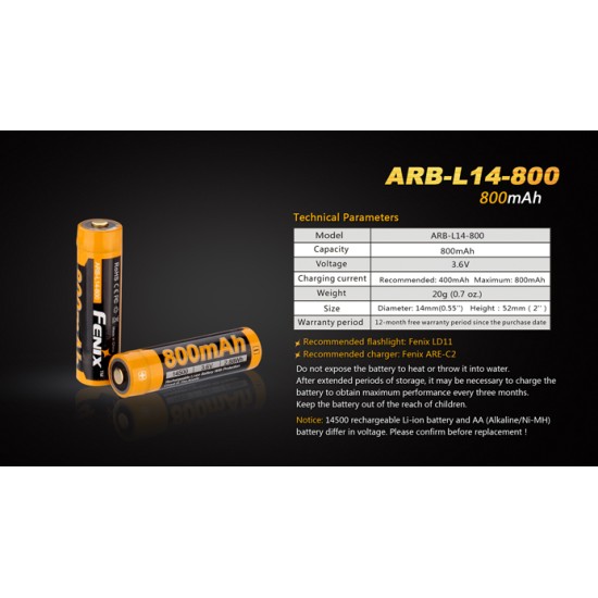 Fenix 14500 800mAh 3.6v Rechargeable Li-ion Battery (ARB-L14-800)