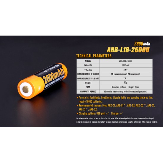 Fenix ARB-L18-2600U USB Rechargeable Li-ion 18650 2600mah Battery