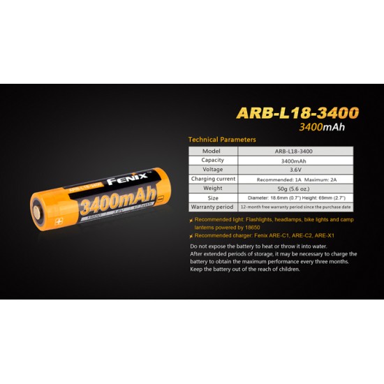 Fenix 18650 3400mAh 3.6V Button Top Rechargeable Li-ion Battery (ARB-L18-3400)