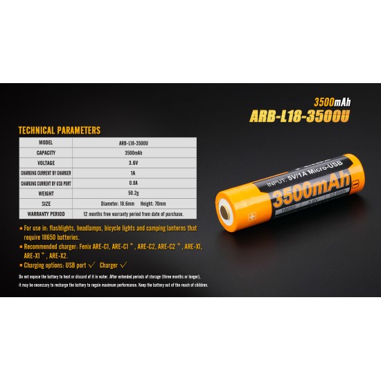 Fenix ARB-L18-3500U USB Rechargeable Li-ion 18650 3500mah Battery