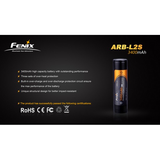 Fenix 18650 3400mAh 3.6V Rechargeable Li-ion Battery (ARB-L2S) Flat Top