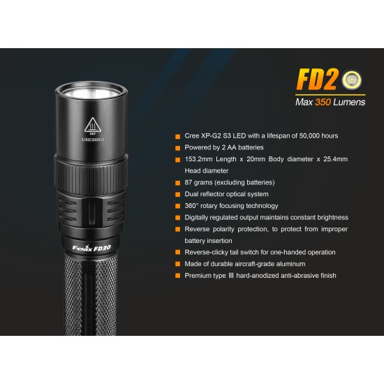 Fenix FD20 Adjustable Focus (Zoom) Tactical LED Flashlight (350 Lumens, 2xAA)