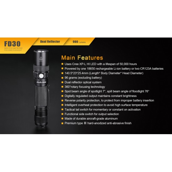 Fenix FD30 Adjustable Focus (Zoom) Tactical LED Flashlight (900 Lumens, 1x18650)