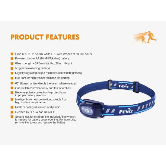 Fenix HL16 LED Headlamp for Children (1xAA, 70 Lumens) with Neutral White and Red Output