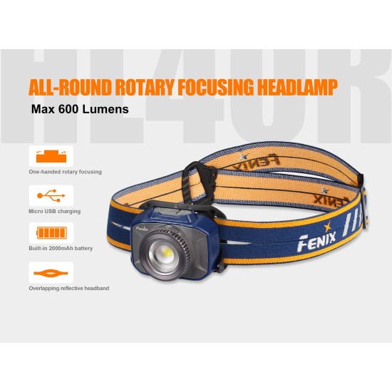 Fenix HL40R Focus Adjustable USB Rechargeable LED Headlamp (Built-in battery, 600 Lumens)