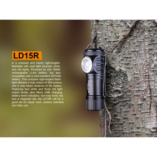 Fenix LD15R Right-Angled USB Rechargeable LED Flashlight (500 Lumens, 1x16340/RCR123A)