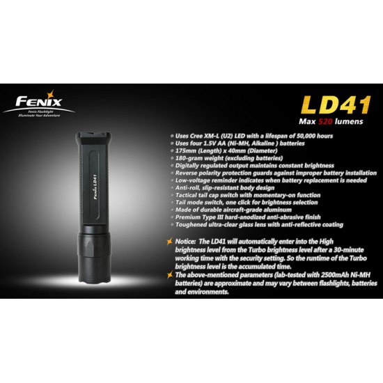 Fenix LD41 XML U2 - 4xAA Flashlight (520 Lumens) [DISCONTINUED/UPGRADED]