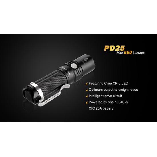 Fenix PD25 LED Flashlight (550 Lumens, 1xCR123A, RCR123A)