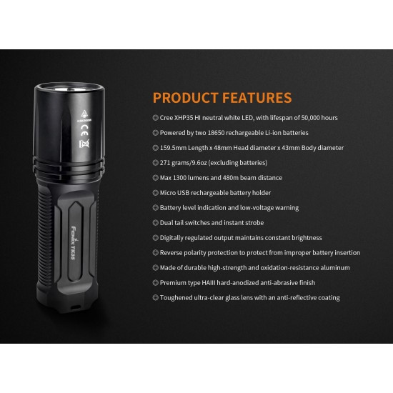 Fenix TK35 USB Rechargeable LED Flashlight 2018 Upgraded Version - 1300 Lumens, 480mts, 2x18650