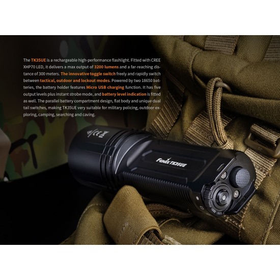 Fenix TK35 Ultimate Edition USB Rechargeable Tactical LED Flashlight 2018 Edition - 3200 Lumens, 300mts, 2x18650