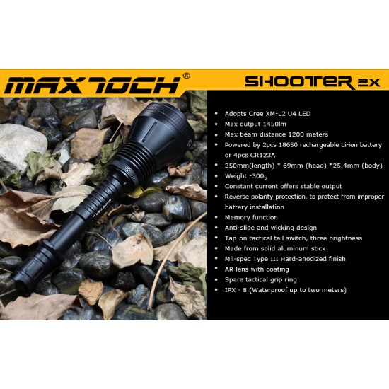 Maxtoch Shooter 2X Long Range Thrower LED Flashlight (1450 Lumens, 1200 mts, 2x18650)