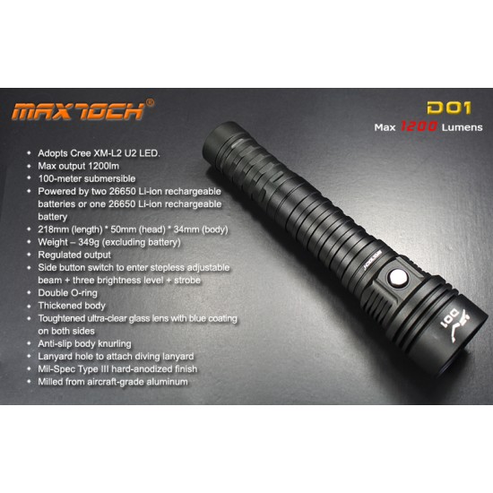 Maxtoch D01 Diving Flashlight, CREE XM-L2 U2, 1200 Lumens (2x26650) Throw Version