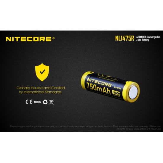 Nitecore 14500 750mAh USB Rechargeable Li-ion Battery (NL1475R - 3.6V)