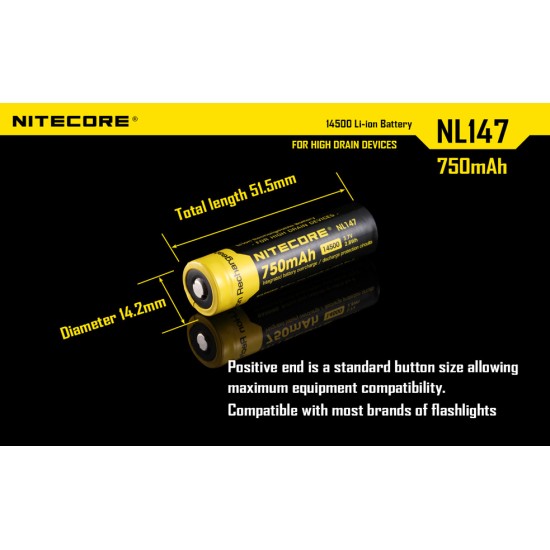 Nitecore 14500 750mAh Rechargeable Li-ion Battery (NL147 - 3.7V)