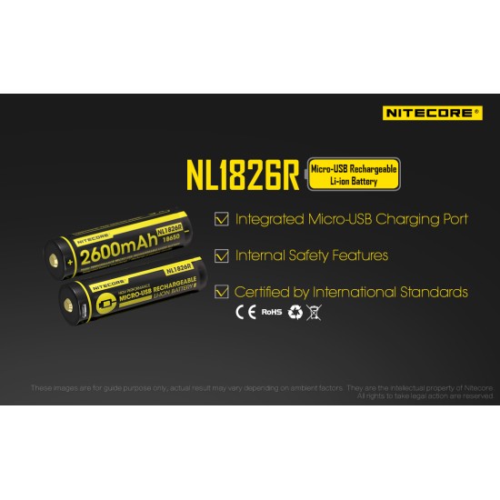 Nitecore 18650 2600mAh USB Rechargeable Li-ion Battery (NL1826R - 3.6v), 18650  batteries in India