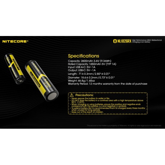 Nitecore 18650 2600mah Input and Output USB-C Rechargeable Battery (NL1826RX), Limited Stock
