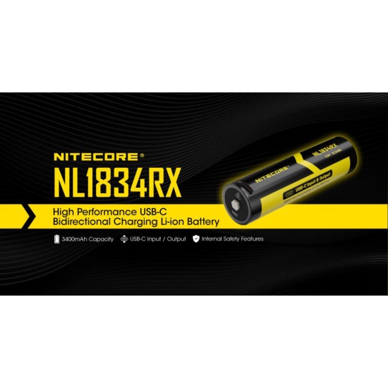 Nitecore 18650 3400mAh Input and Output USB-C Rechargeable Li-ion Battery (NL1834RX - 3.6v) 