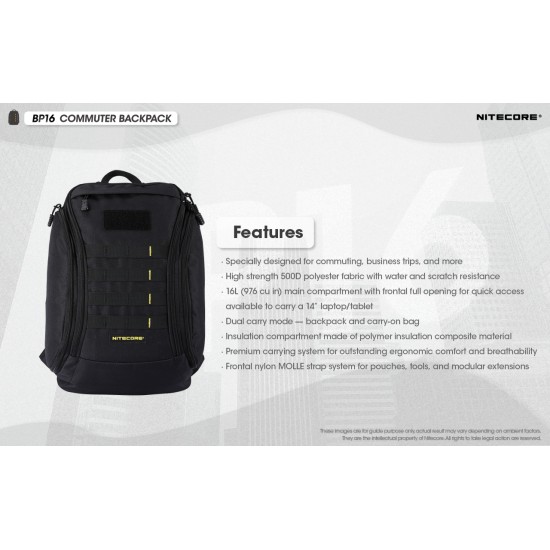 Nitecore BP16 Tactical Commuter/Business Backpack (16lts), Multi-purpose, Modular MOLLE System (18.1x11.4x5.5 Inches)