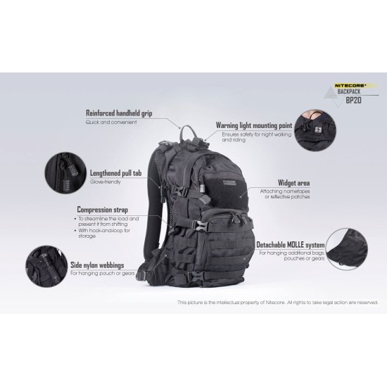 Nitecore BP20 Tactical Backpack(20lts), Multi-purpose, Designed for Everyday use (17.7x11x4.7 Inches)