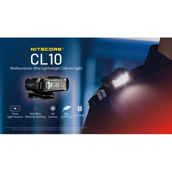 Nitecore CL10 Red-Blue Police Duty Flashing Clip-on Light, Cap Light (45 Lumens, 2x AAA)