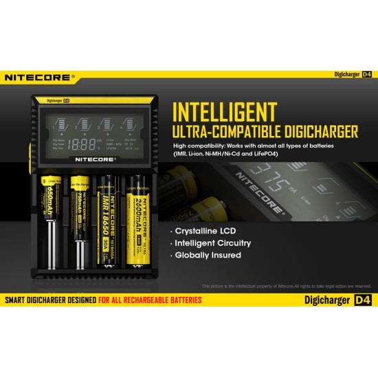 Nitecore Digicharger D4 - Four Battery Multi-Charger with LCD Display (New 2017 EU Version)