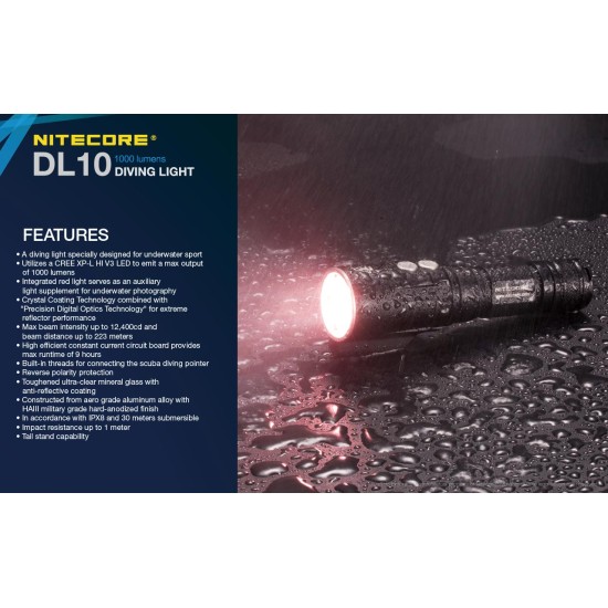 Nitecore DL10 Diving flashlight with Scuba Diving Pointer (1000 Lumens, 1x18650)