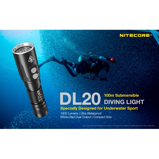 Nitecore DL20 100mts Diving Flashlight for Underwater Sport with White and Red Outputs (1000 Lumens, 1x18650)