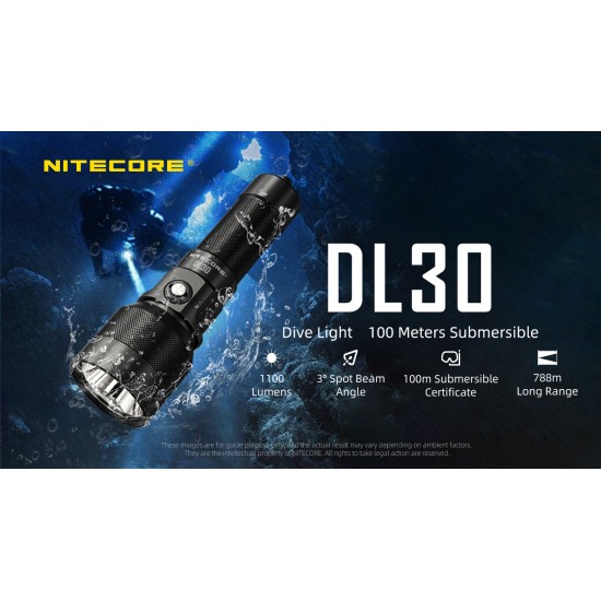 Nitecore DL30 100mts Diving Flashlight for Underwater Sport with White Outputs (1100 Lumens, 1x21700)