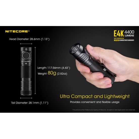 Nitecore E4K NEW, Upgraded User Interface - 4400 Lumens Compact High Output EDC Flashlight (USB-C Rechargeable, 21700 5000mah 15A)