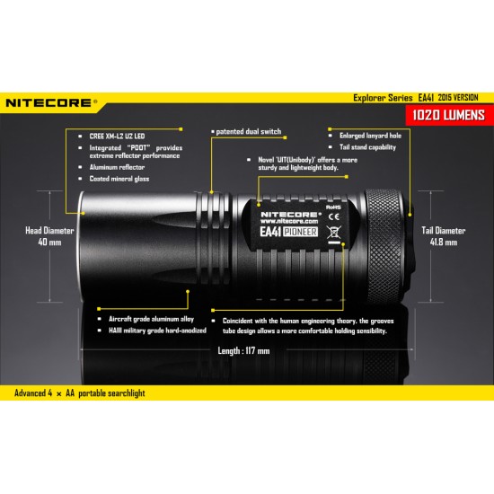 Nitecore EA41W Neutral White, Powerful AA LED Flashlight, (1020 Lumens, 4xAA)