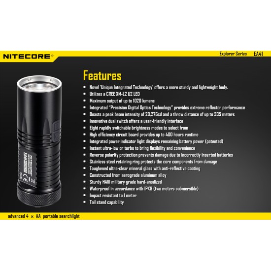 Nitecore EA41 Pioneer, Powerful AA LED Flashlight, (1020 Lumens, 4xAA) - Best 4xAA Flashlight