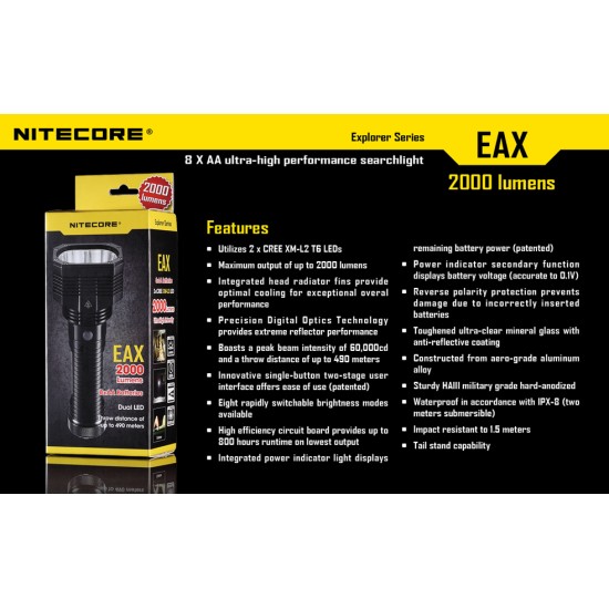 Nitecore EAX Hammer Searchlight - Powerful AA Flashlight (2000 Lumens) [DISCONTINUED]