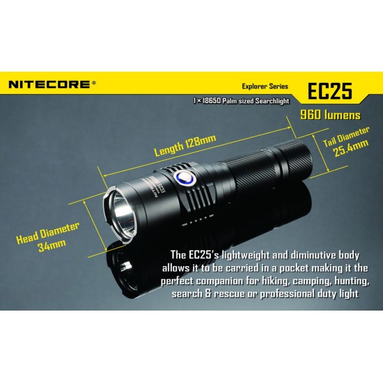 Nitecore EC25 Cobra LED Flashlight, Palm Sized Thrower 300mts (960 Lumens, 1x18650) + FREE Nitecore Rechargeable Battery and USB Charger 