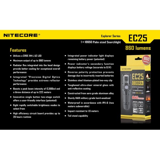 Nitecore EC25 Cobra - Compact 18650 Flashlight, 860 Lumens [DISCONTINUED]