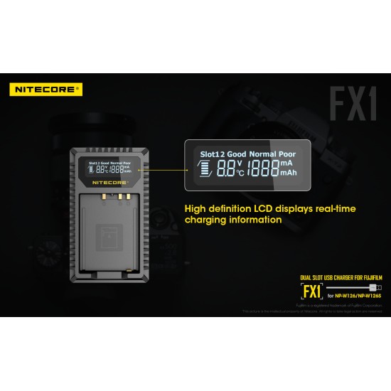 Nitecore FX1 Compact USB Travel Charger for Fujifilm Camera Batteries (Dual Slot with LCD Display)