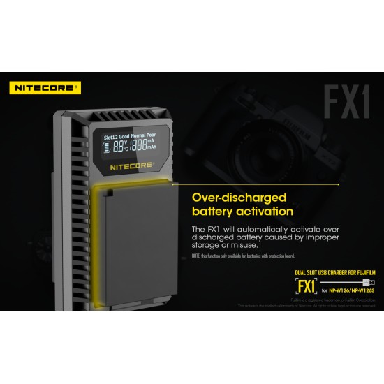 Nitecore FX1 Compact USB Travel Charger for Fujifilm Camera Batteries (Dual Slot with LCD Display)