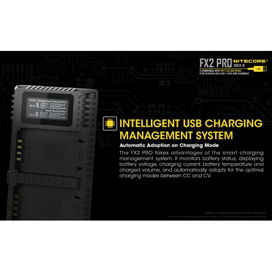 Nitecore FX2 Pro Compact USB Travel Charger for Fujifilm NP-T125 Camera Batteries (Dual Slot with LCD Display)