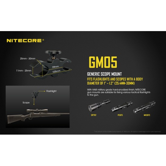 Nitecore GM05 Flashlight Mount - Fits Scopes or Barrels - 25mm-30mm Flashlights
