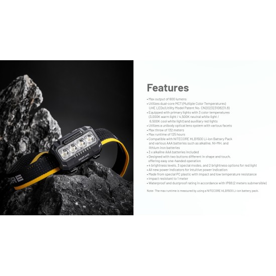 Nitecore HA23 UHE MCT (Multiple Color Temperatures) - Light Weight AAA Headlamp (600 Lumens, 1×HLB1500 or 3 × AAA, 56gms) Nitecore HA23 UHE MCT (Multiple Color Temperatures) - Light Weight AAA Headlamp (600 Lumens, 1×HLB1500 or 3 × AAA, 56gms)