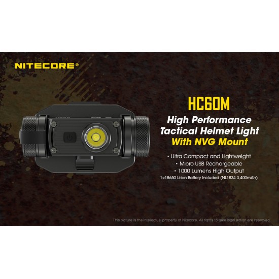 Nitecore HC60M USB Rechargeable High Performance LED Helmet Light with NVG Mount (1000 Lumens, 1x18650)