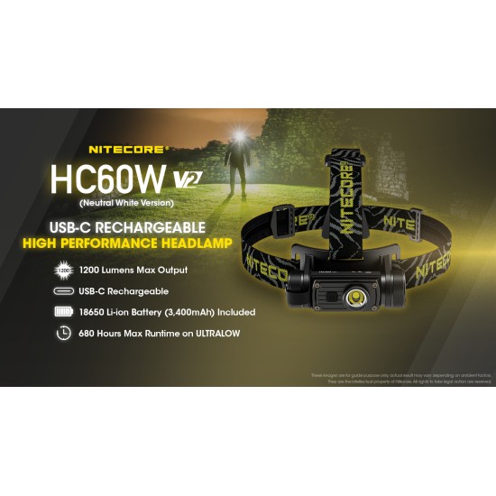 Nitecore HC60W V2 Neutral White USB-C Rechargeable LED Headlamp (1200 Lumens, 1x18650)