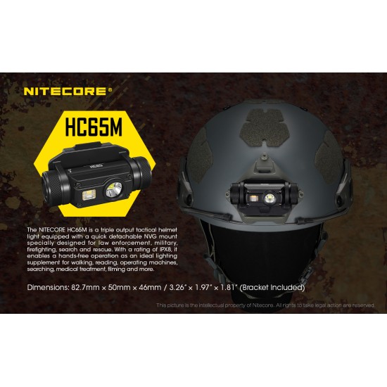 Nitecore HC65M Multi-Output USB Rechargeable High Performance LED Helmet Light with NVG Mount (1000 Lumens, 1x18650)