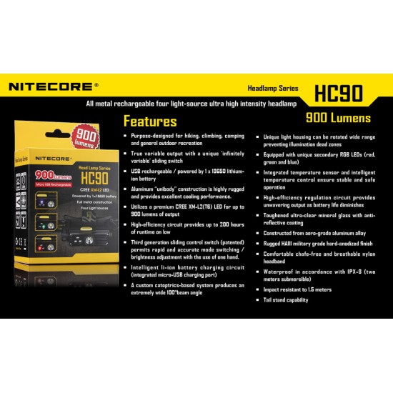 Nitecore HC90 Headlamp - USB Rechargeable Headlamp, 900 Lumens [DISCONTINUED]