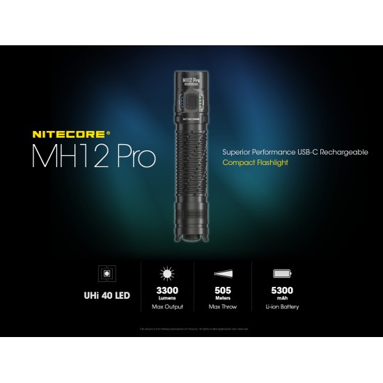 Nitecore MH12 Pro - Next Generation Compact Tactical Flashlight, Exceptional Performance, NEW UHi-LED, USB-C Rechargeable (3300 Lumens, 505mts, 1x21700)