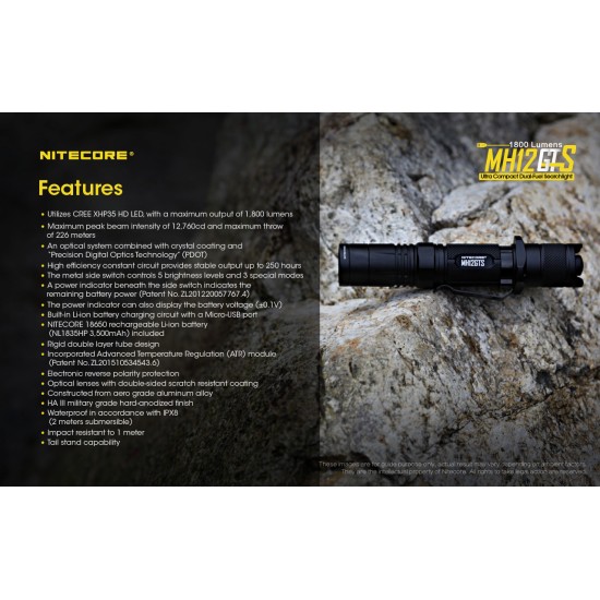 Nitecore MH12GTS - USB Rechargeable High Output LED Flashlight (1800 Lumens, 226mts, 1x18650 8A)