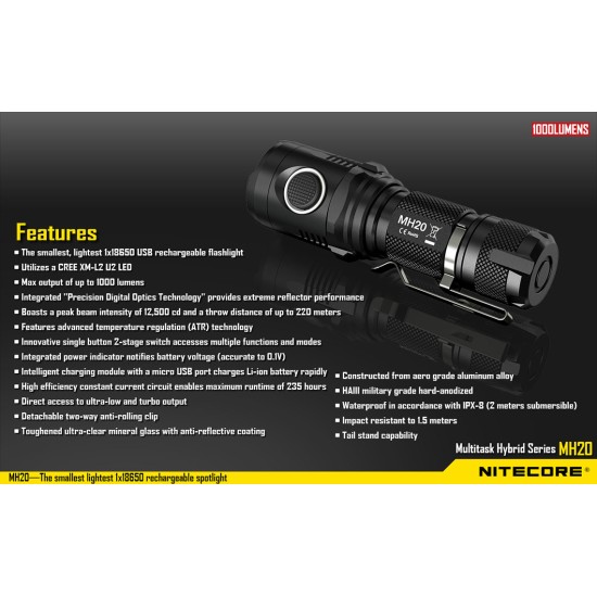 Nitecore MH20 - USB Rechargeable Flashlight (1000 Lumens, 1x18650)