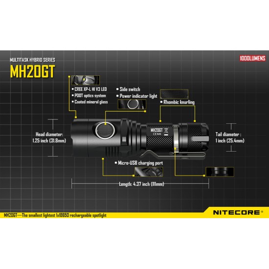 Nitecore MH20GT - USB Rechargeable LED Flashlight 362mts (1000 Lumens, 1x18650)