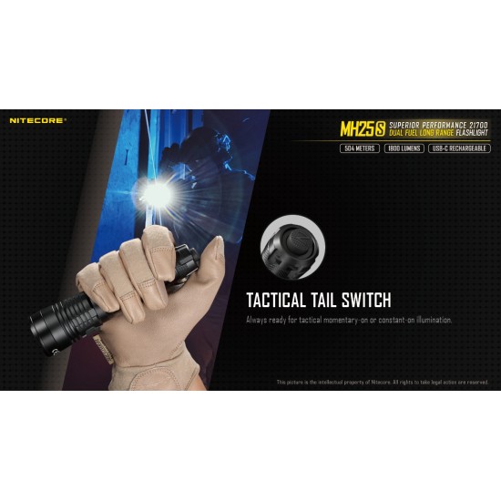 Nitecore MH25S - USB-C Rechargeable Next Generation Compact Thrower LED Flashlight (1800 Lumens, 504mts Throw, 1x21700)