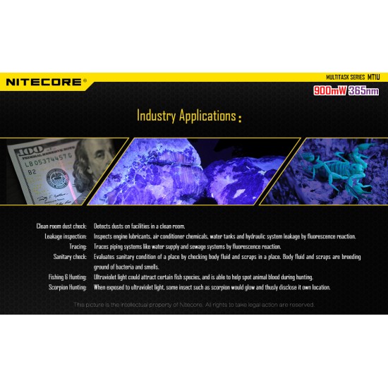 Nitecore MT1U - UV LED Flashlight (Ultraviolet, 365nm - 900nW, 1x18650)